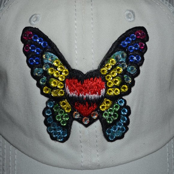 LeeLee Rox White Butterfly Swarovski Crystals Trucker Baseball Hat Cap - Picture 2 of 7